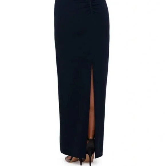 Xscape Navy Blue Ruffle Off the Shoulder Crepe Column Gown